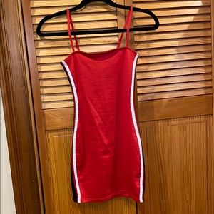 red mini dress with b&w stripe on the side